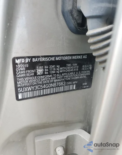 2016 BMW X3 xDrive28D z USA, uszkodzony, nr VIN 5UXWY3C54G0N87663